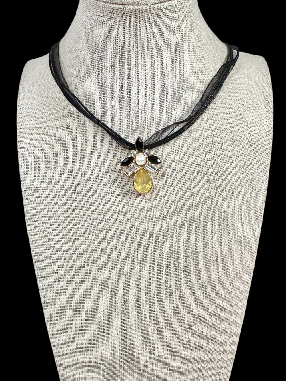 🖤Yellow & Black Sparkly Pendant on Black Ribbon Cord